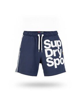 Superdry Mens Navy Athletic Shorts Side Stripes Bold Print Pull-On Sz XL